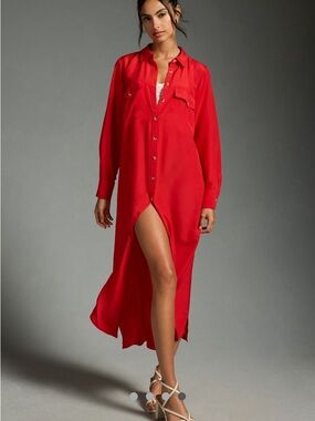 Anthropologie Silk Red Button-Front Dress